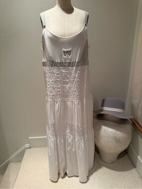 White Eyelet Lace Slip Dress with Silver Trim